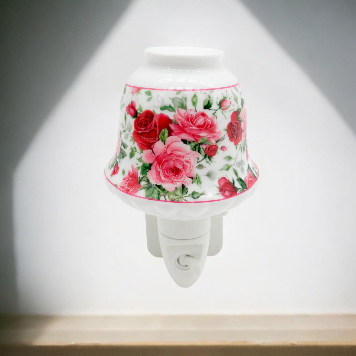 Ceramic Plug-In LED Night Light with Colourful Floral Design – Decorative Bedroom and Hallway Light, Pink