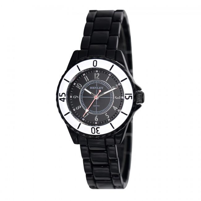Henley Ladies Enamelled Round Bracelet Watch – Black Sunray Dial, Black
