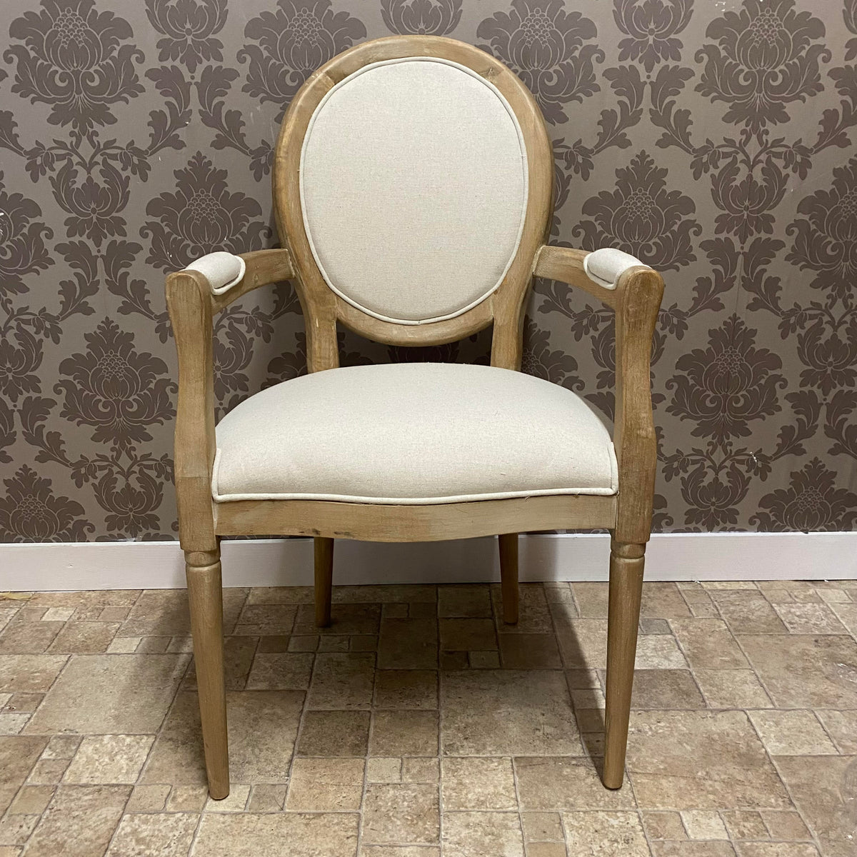 Louis Style 94cm High Back Linen Armchair with Oak Frame – Dining or Accent Chair, Cream