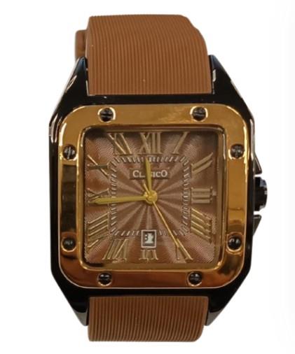Clasico Ladies Square Dial Watch with Date, Water Resistant – Brown Rubber Strap