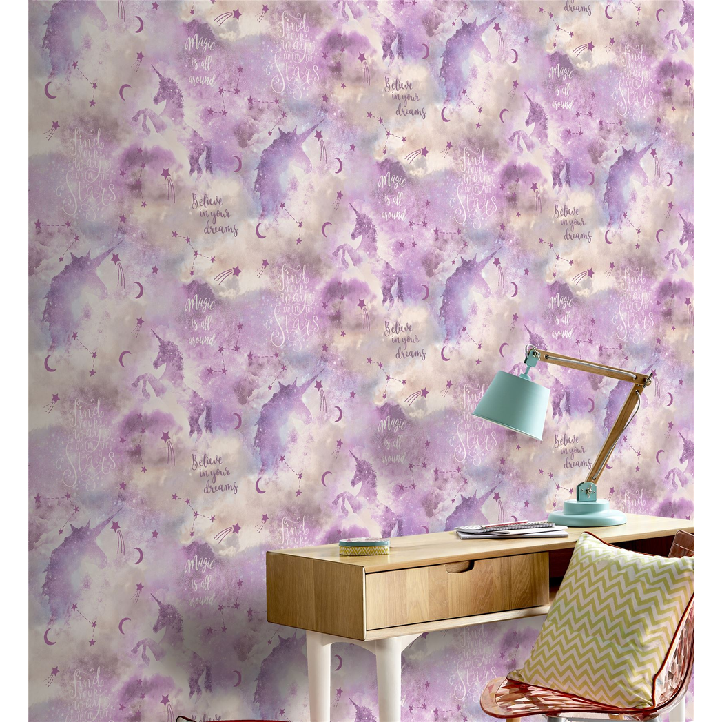 Arthouse Galaxy Unicorn Vinyl Wallpaper with Soft Glitter – Paste the Paper Kids Room Covering, Blush Multi