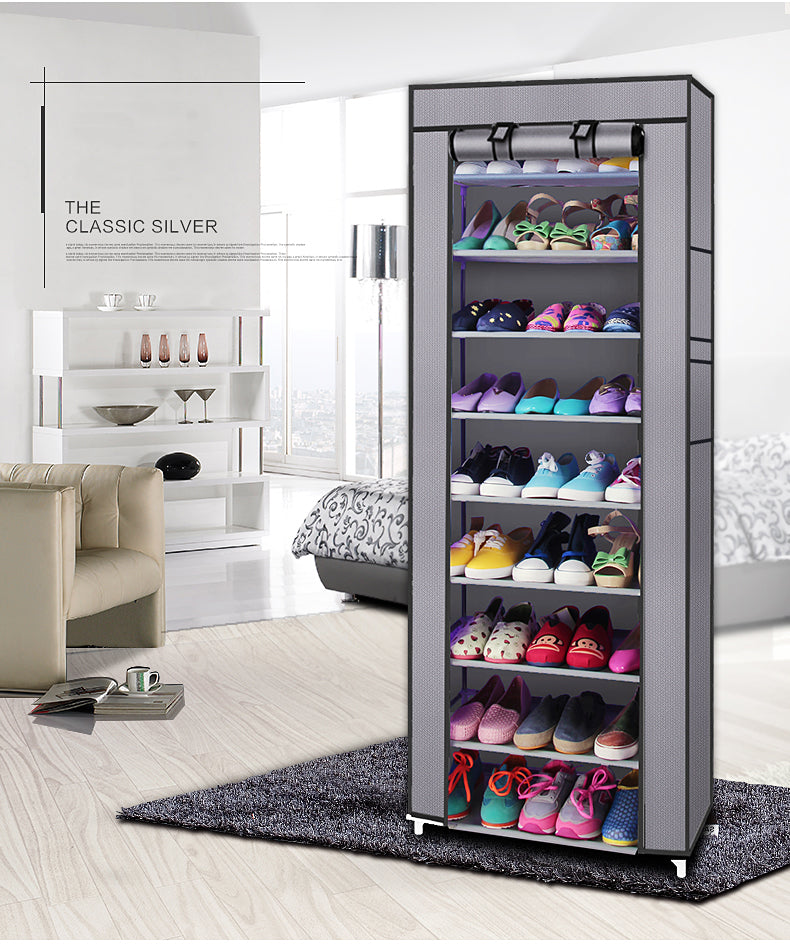 Space-Saving Fabric Shoe Rack, 10 Layers with 9 Compartments, 58 x 29 x 160cm, Grey