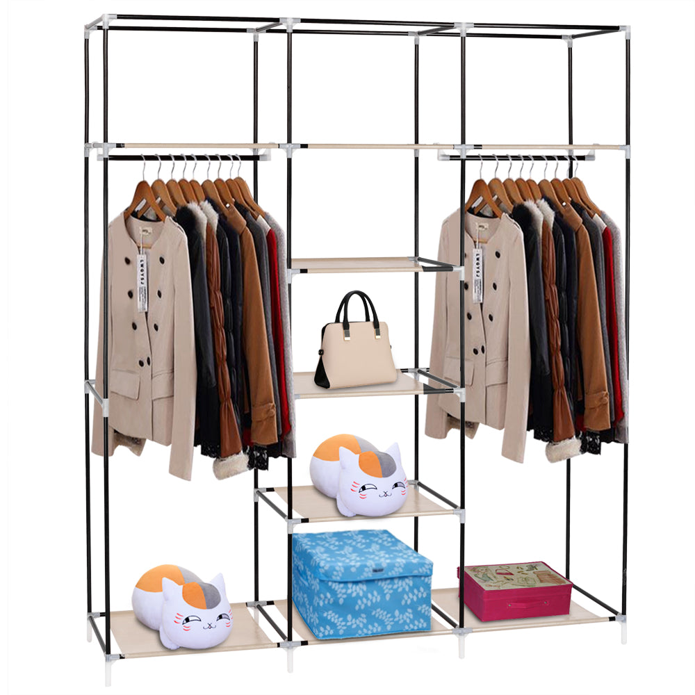 Portable Clothes Closet Wardrobe with 9 Shelves & Double Hanging Rod, 69" Fabric Organiser – Beige