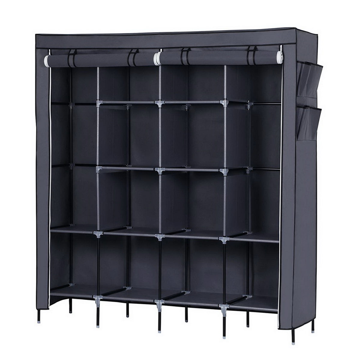 Portable Clothes Closet Wardrobe with 12 Shelves, 4 Side Pockets & Hanging Rod, 67" Storage Rack – Grey