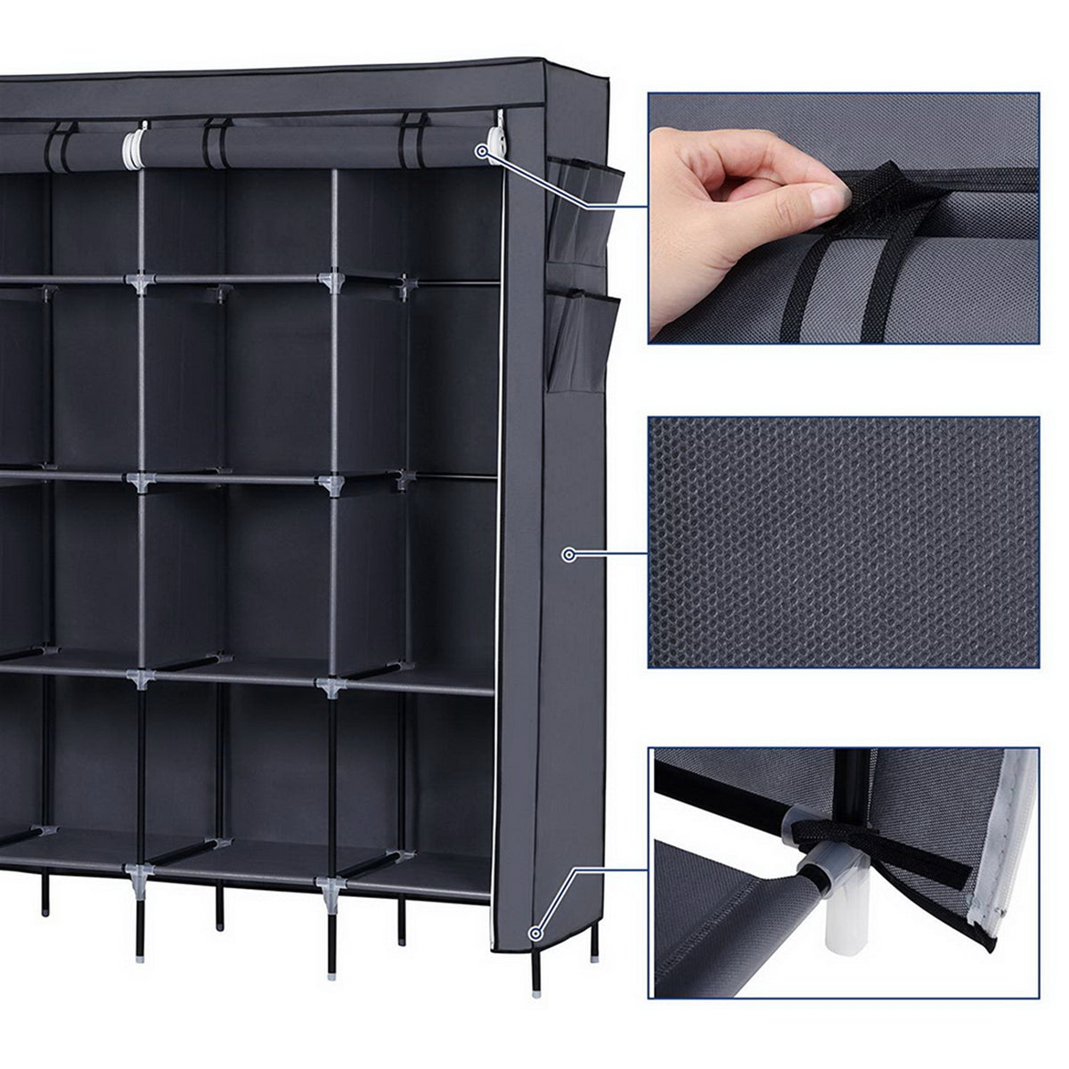 Portable Clothes Closet Wardrobe with 12 Shelves, 4 Side Pockets & Hanging Rod, 67" Storage Rack – Grey