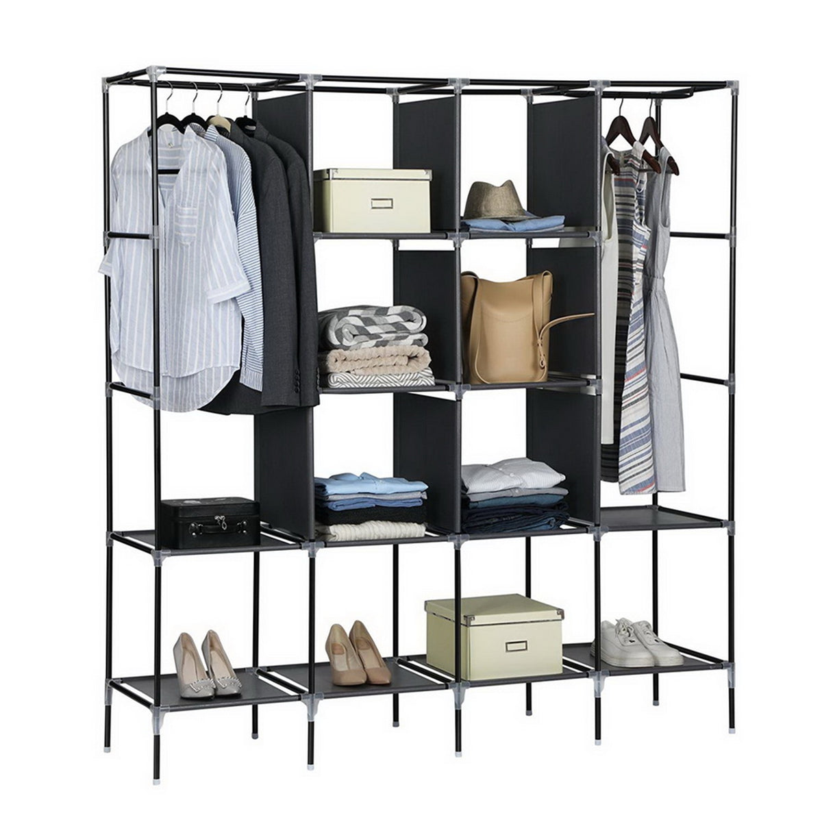 Portable Clothes Closet Wardrobe with 12 Shelves, 4 Side Pockets & Hanging Rod, 67" Storage Rack – Grey