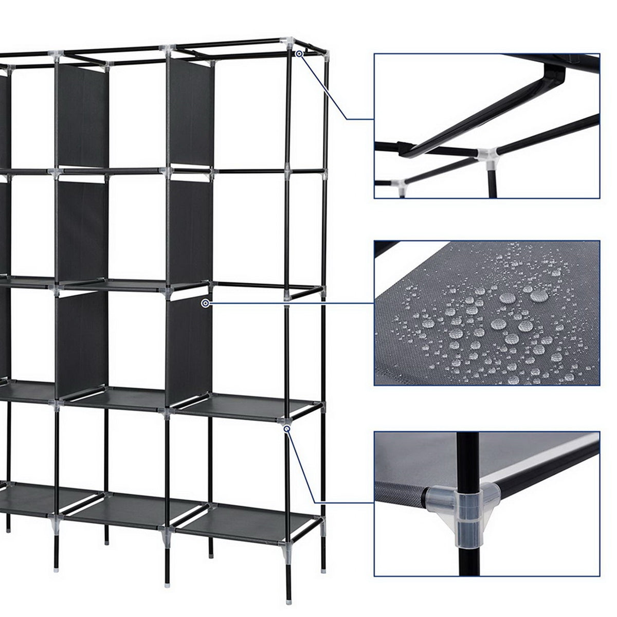 Portable Clothes Closet Wardrobe with 12 Shelves, 4 Side Pockets & Hanging Rod, 67" Storage Rack – Grey