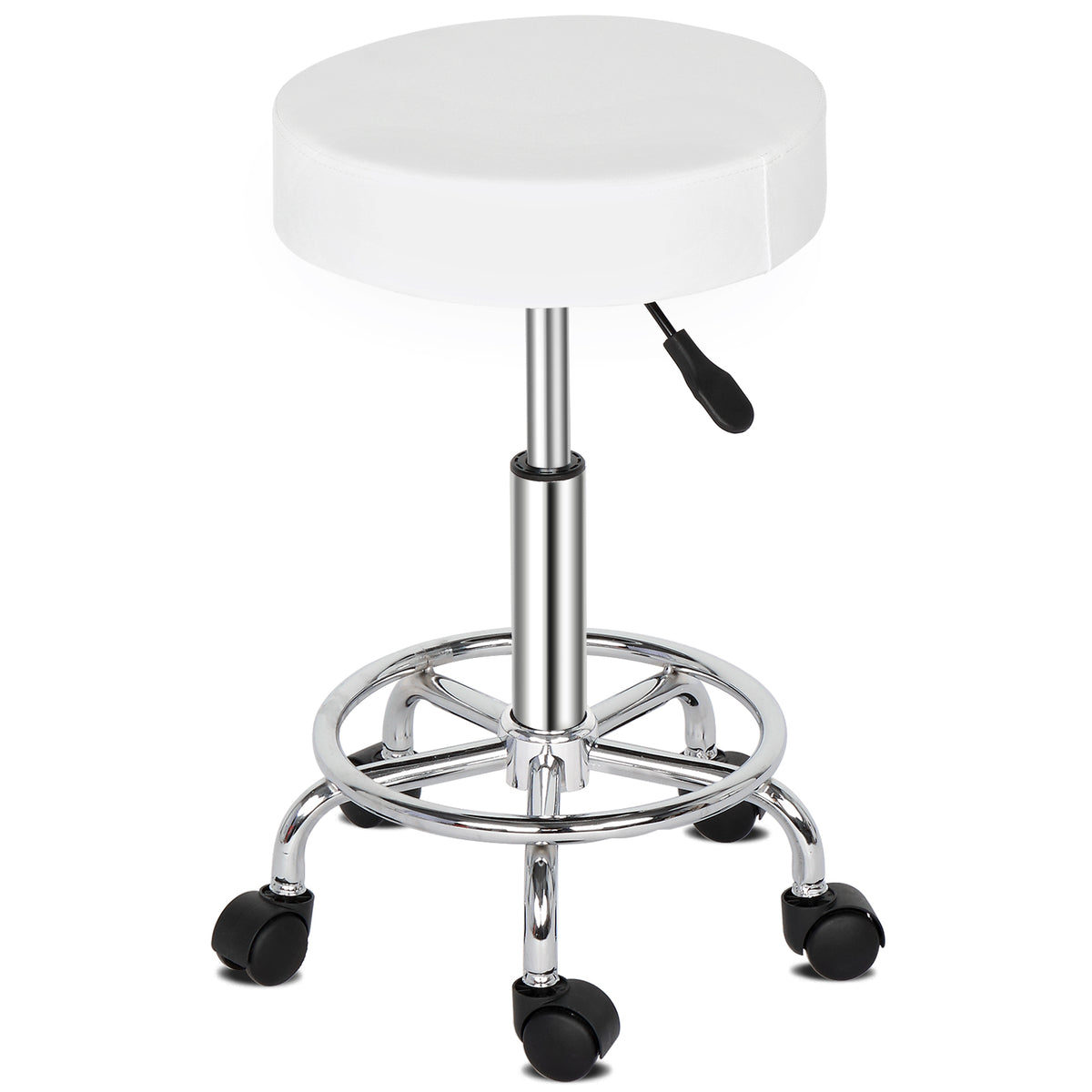 Round Rotating Bar Stool with Five Casters, PU Leather Seat & Chrome-Plated Base – 360° Swivel, White
