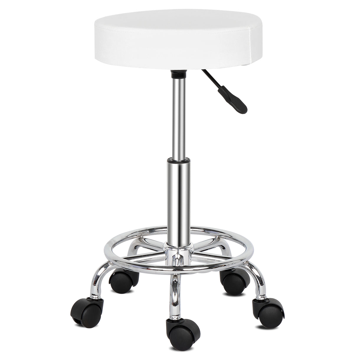 Round Rotating Bar Stool with Five Casters, PU Leather Seat & Chrome-Plated Base – 360° Swivel, White