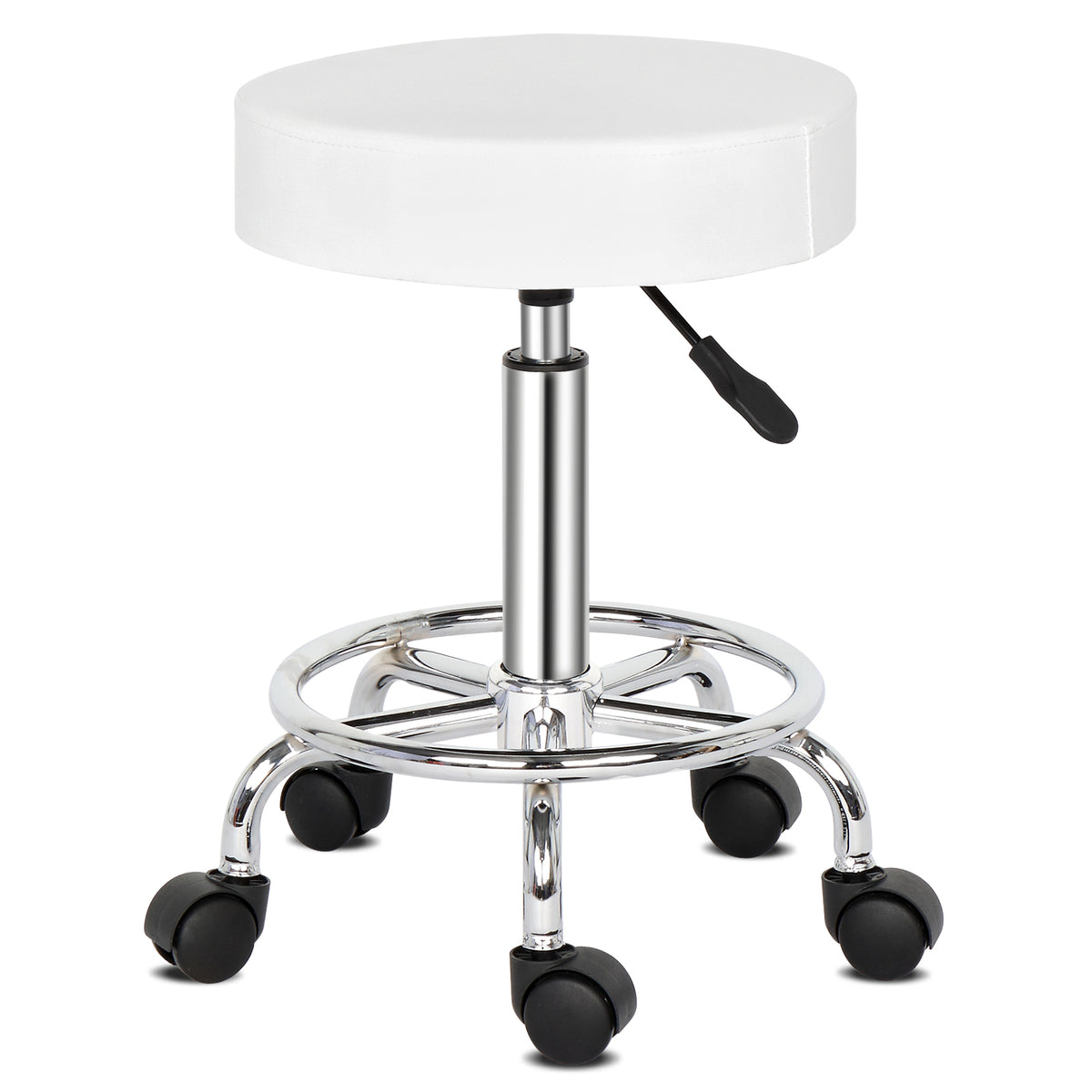 Round Rotating Bar Stool with Five Casters, PU Leather Seat & Chrome-Plated Base – 360° Swivel, White