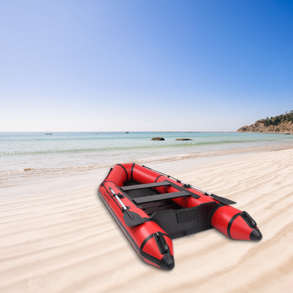 10ft Inflatable Assault Boat with Foot Pump, Paddles & Repair Kit – 2-Chamber PVC Dinghy, Red and Black