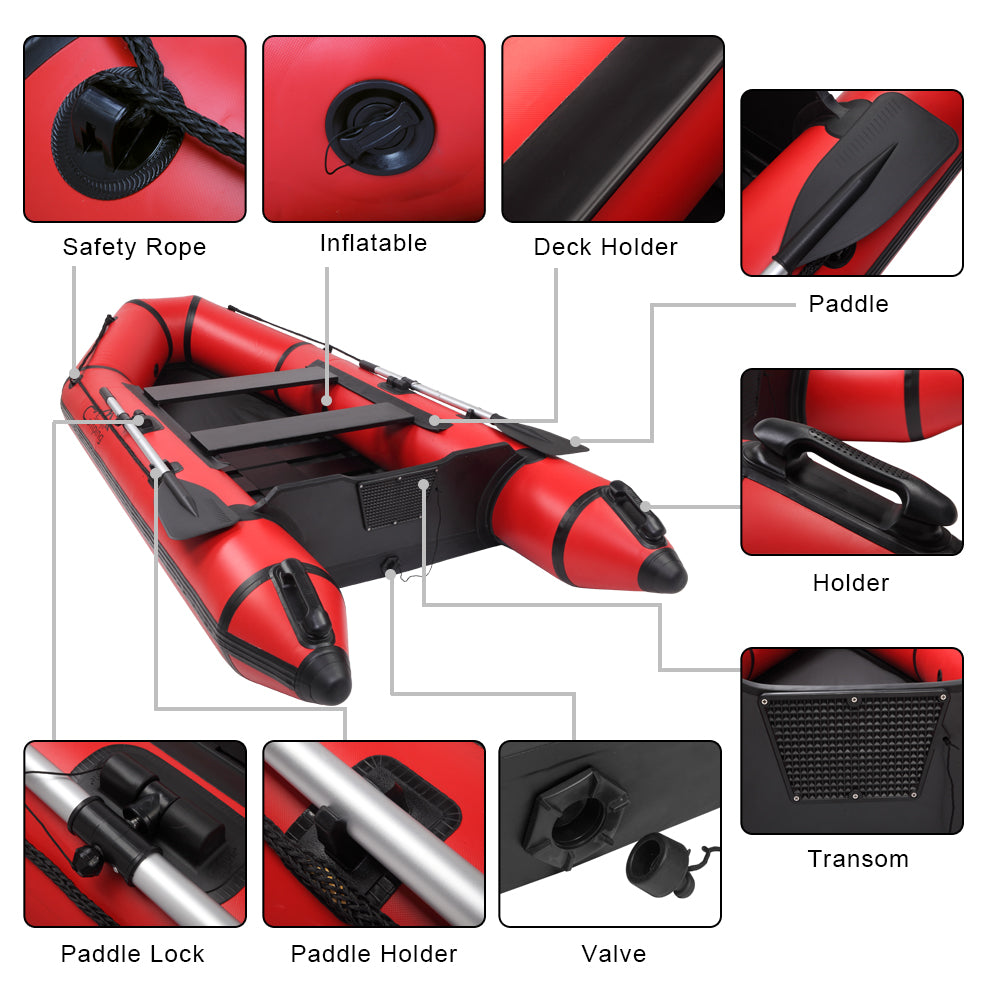 10ft Inflatable Assault Boat with Foot Pump, Paddles & Repair Kit – 2-Chamber PVC Dinghy, Red and Black