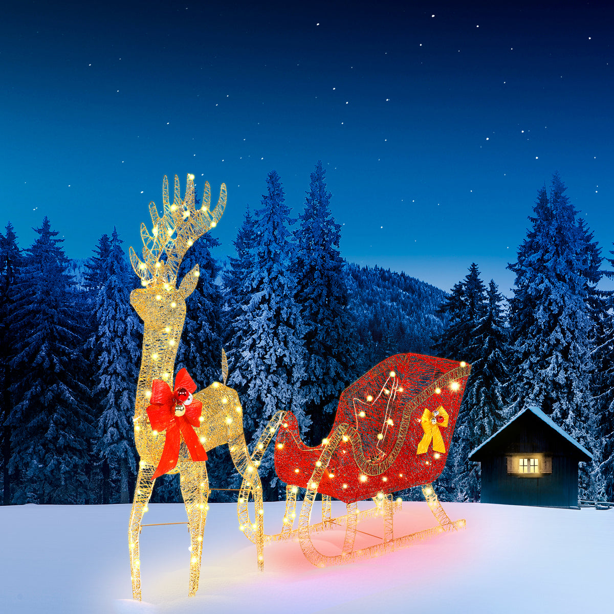 Light-Up Golden Reindeer and Red Sleigh Christmas Decoration – 120cm, 210 Lights, Garden Display