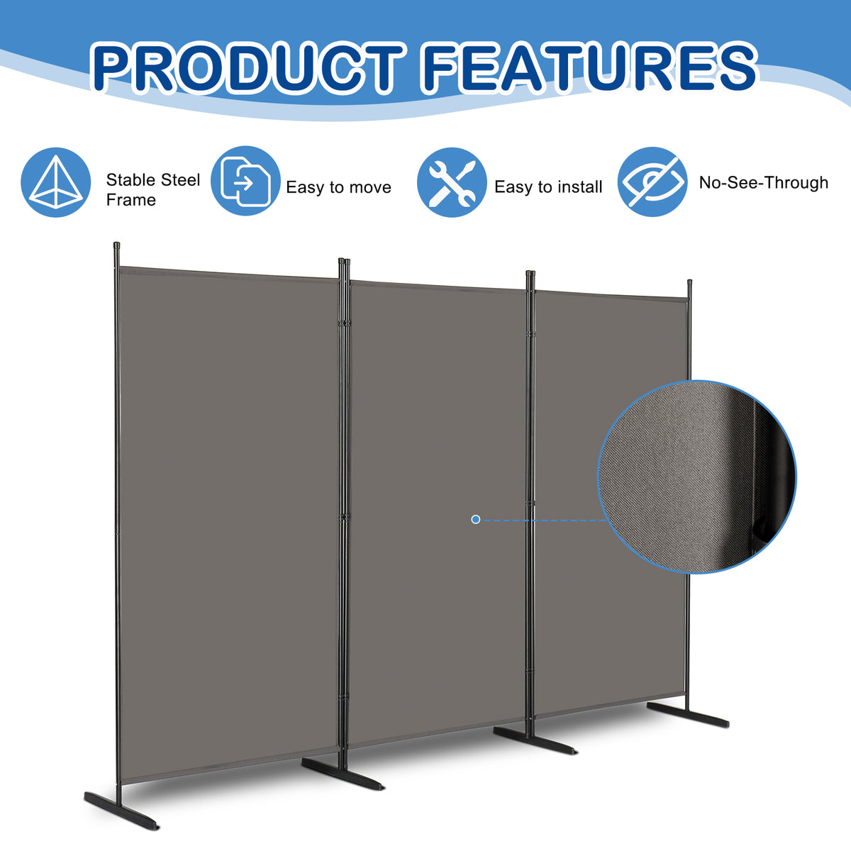 6FT Trifold Folding Room Divider Privacy Screen with Carbon Steel Frame – Polyester Fabric Partition, Grey