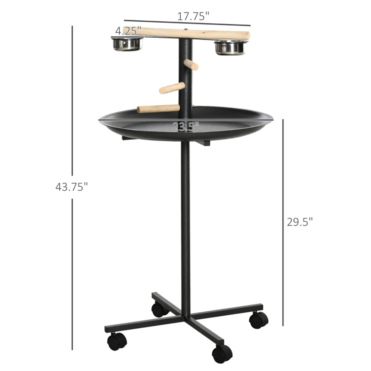 Bird Stand with Wooden Perch, 2 Stainless Steel Feeding Bowls, Round Tray & 4 Wheels – Mobile Bird Perch, Grey