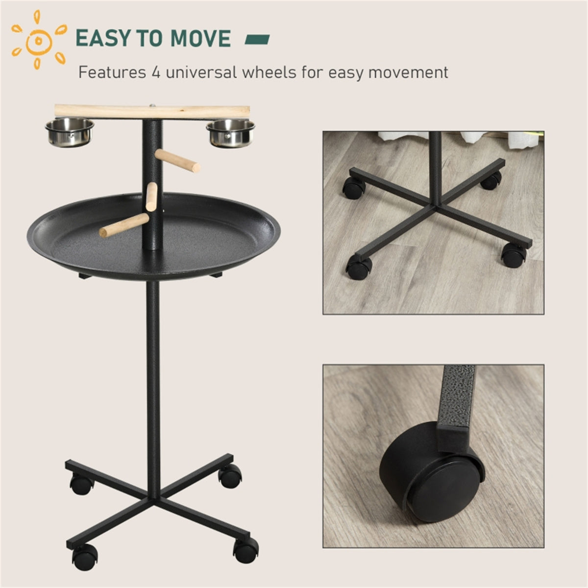 Bird Stand with Wooden Perch, 2 Stainless Steel Feeding Bowls, Round Tray & 4 Wheels – Mobile Bird Perch, Grey