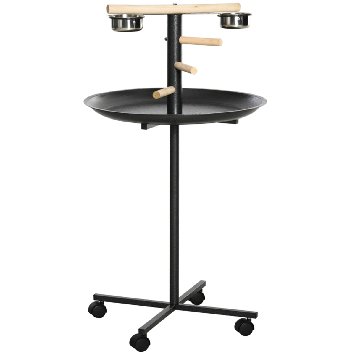 Bird Stand with Wooden Perch, 2 Stainless Steel Feeding Bowls, Round Tray & 4 Wheels – Mobile Bird Perch, Grey