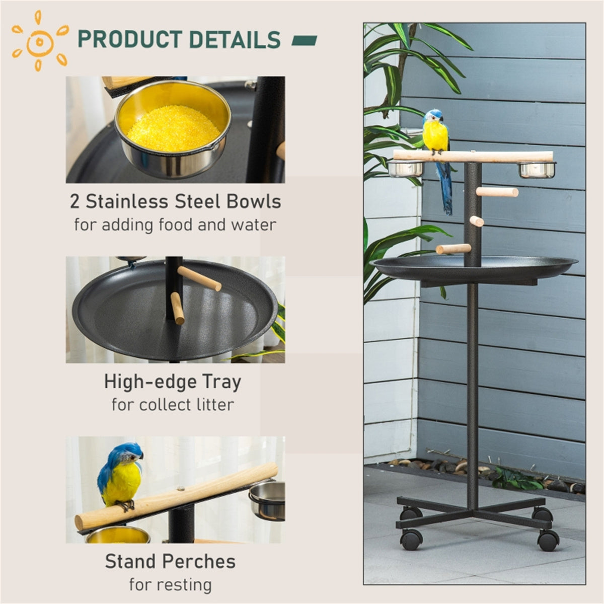 Bird Stand with Wooden Perch, 2 Stainless Steel Feeding Bowls, Round Tray & 4 Wheels – Mobile Bird Perch, Grey