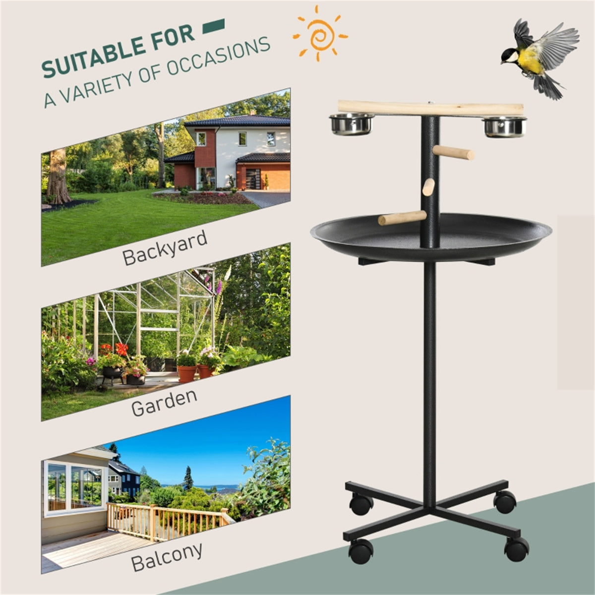 Bird Stand with Wooden Perch, 2 Stainless Steel Feeding Bowls, Round Tray & 4 Wheels – Mobile Bird Perch, Grey