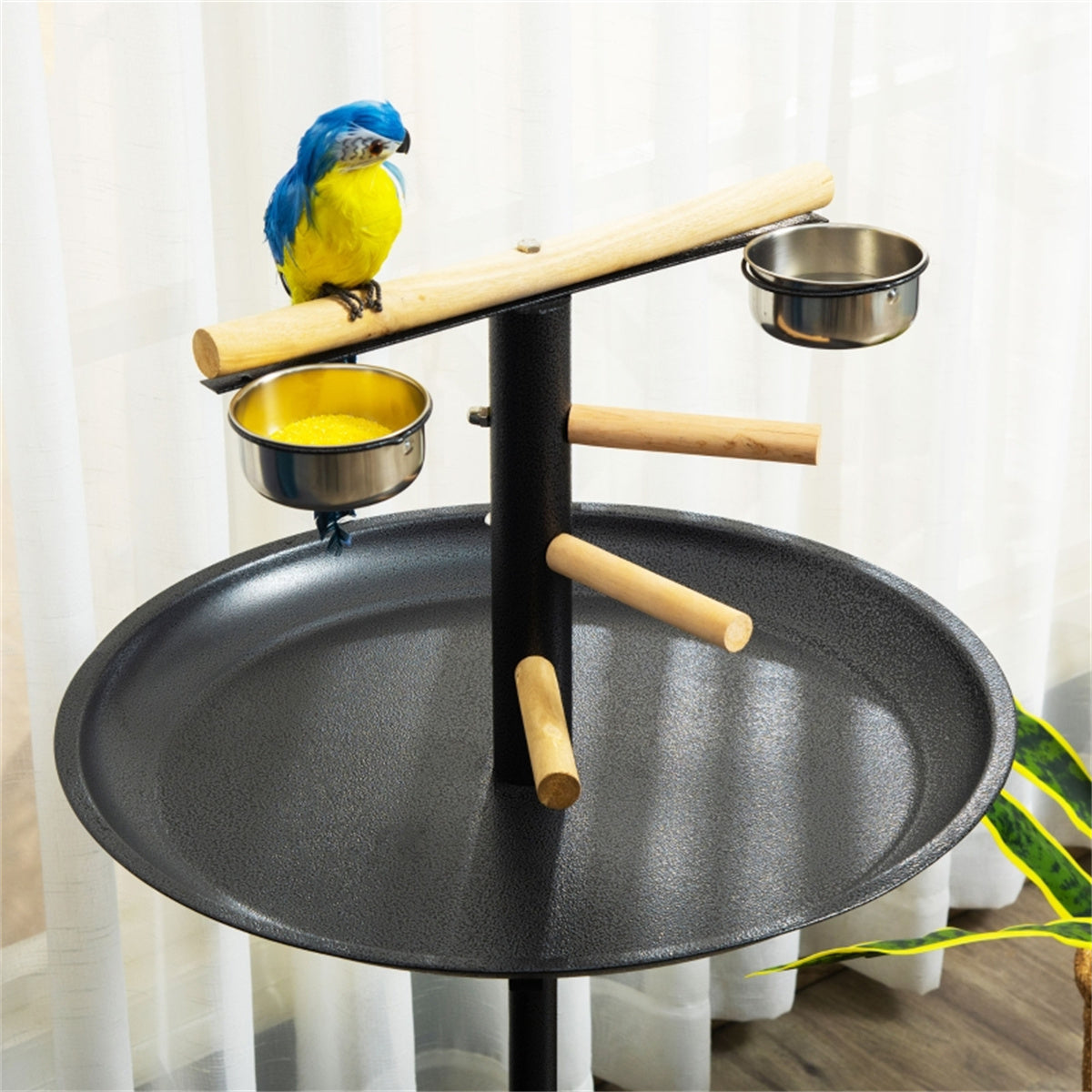 Bird Stand with Wooden Perch, 2 Stainless Steel Feeding Bowls, Round Tray & 4 Wheels – Mobile Bird Perch, Grey