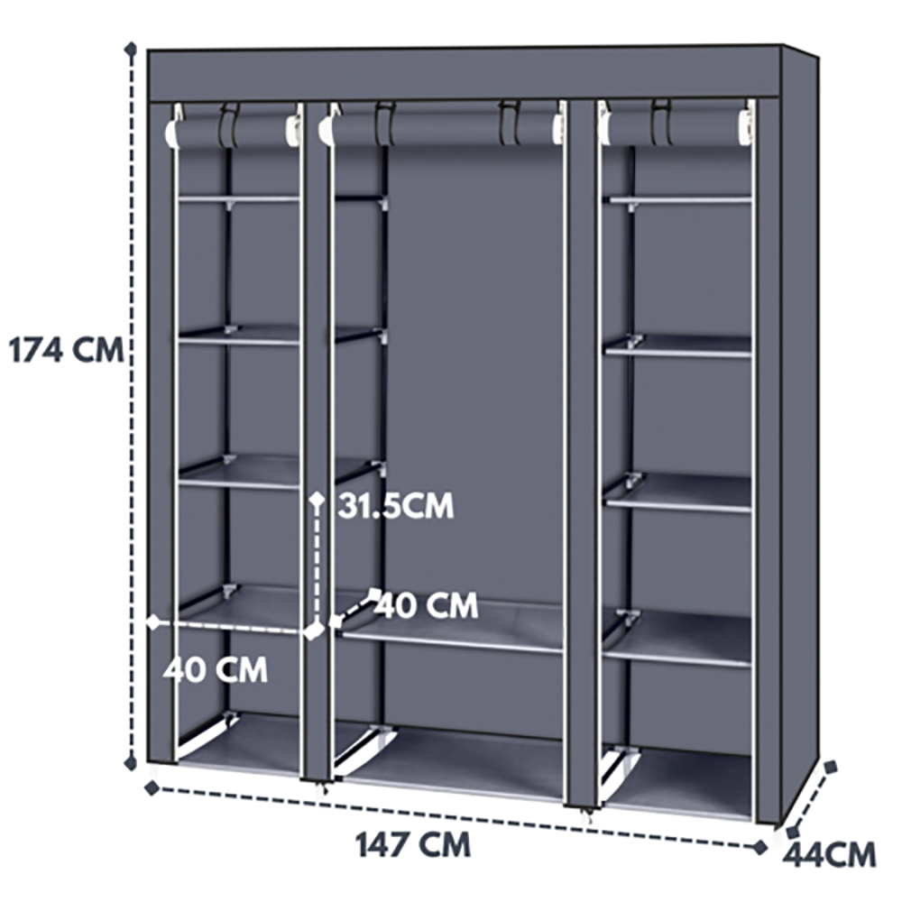 Fabric Canvas Wardrobe with Hanging Rail & Shelving – Bedroom Clothes Storage with Dust Cover