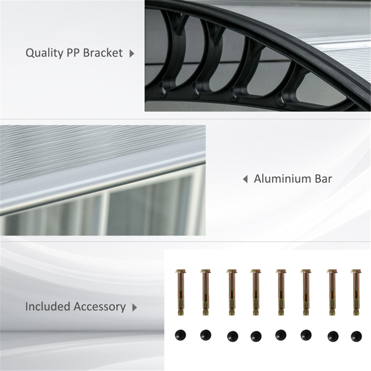 Door Canopy with Curved Polycarbonate Panels & Aluminium Frame, 303 x 96cm – Door & Window Awning, Black/Clear