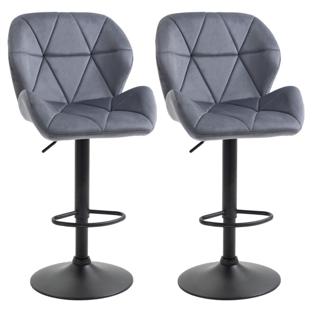 Set of 2 Velvet-Touch Swivel Bar Stools with Diamond Stitching – Adjustable Height Kitchen Stools, Grey
