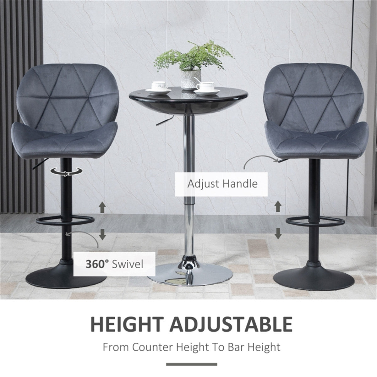 Set of 2 Velvet-Touch Swivel Bar Stools with Diamond Stitching – Adjustable Height Kitchen Stools, Grey