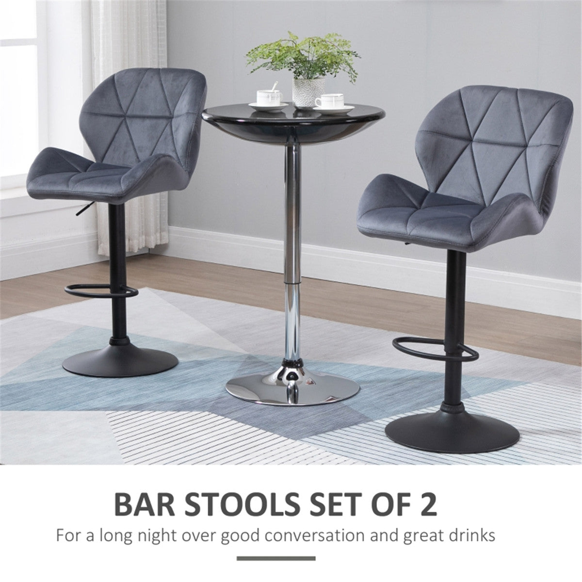 Set of 2 Velvet-Touch Swivel Bar Stools with Diamond Stitching – Adjustable Height Kitchen Stools, Grey