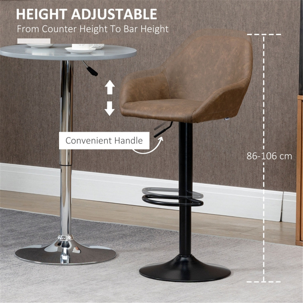 Set of 2 Adjustable Swivel Bar Stools with PU Leather Seat & Gas Lift – Kitchen Bar Chairs, Dark Brown and Black