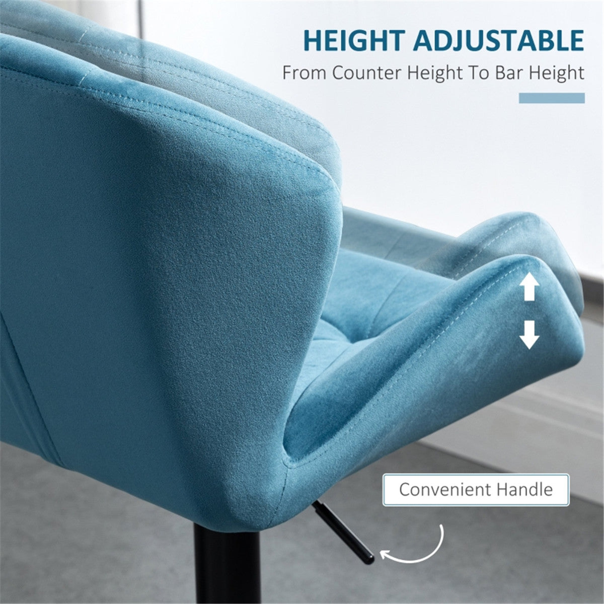 Set of 2 Velvet Bar Stools with Backs and Adjustable Swivel Seats – Triangle Stitched Kitchen Stools, Blue