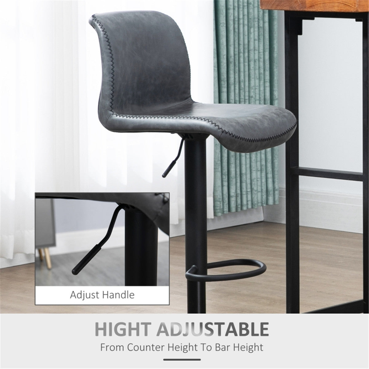 Set of 2 Adjustable Swivel Bar Stools with Weathered PU Leather & Footrest – Kitchen Bar Chairs, Dark Grey