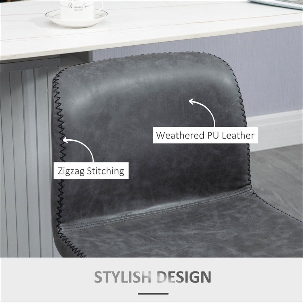 Set of 2 Adjustable Swivel Bar Stools with Weathered PU Leather & Footrest – Kitchen Bar Chairs, Dark Grey
