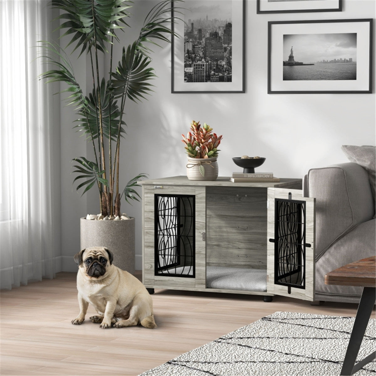 Dog Crate Furniture Side Table with Cushion & Lockable Door – For Medium Dogs up to 20kg, Grey Wood Effect