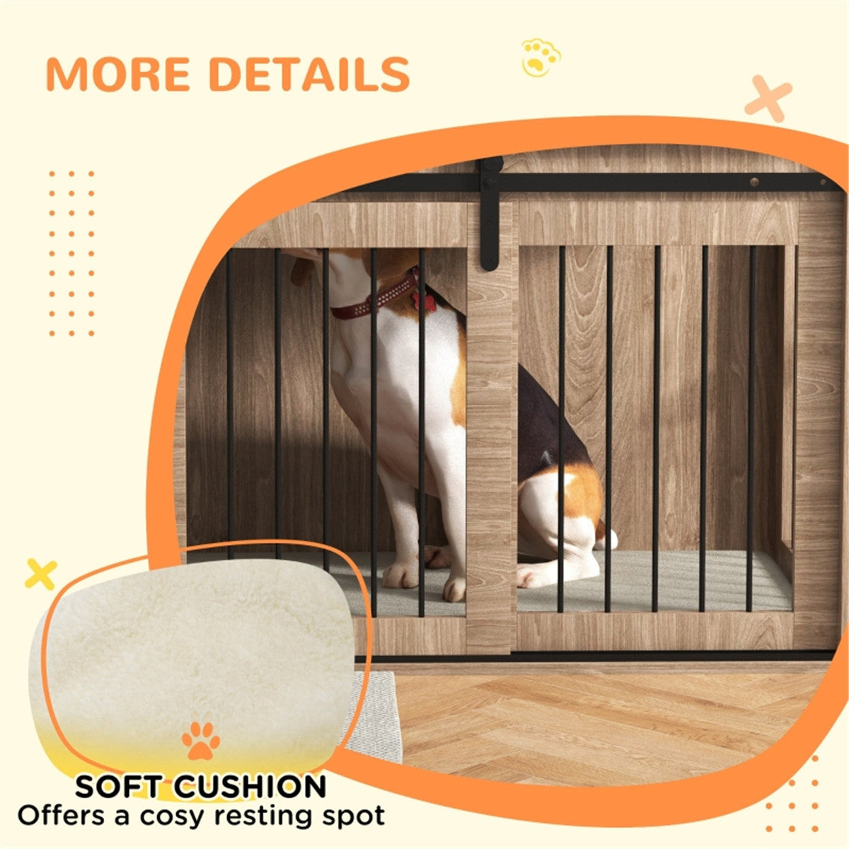 Dog Crate Furniture Side Table with Sliding Barn Door & Cushion – For Large Dogs up to 30kg, Brown & Cream