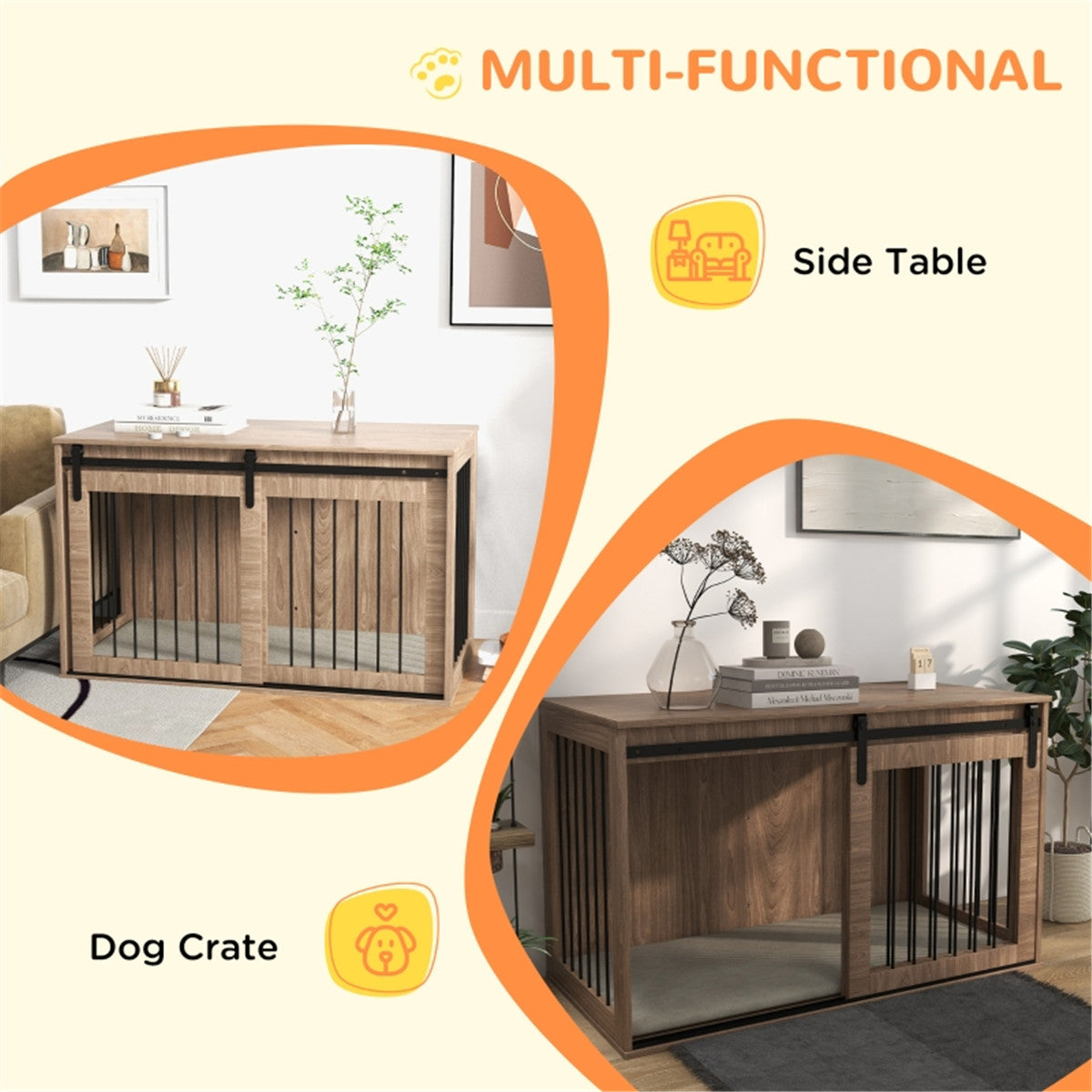 Dog Crate Furniture Side Table with Sliding Barn Door & Cushion – For Large Dogs up to 30kg, Brown & Cream