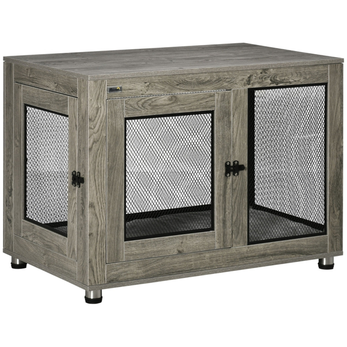 Dog Crate Furniture Side Table with Cushion, Front & Side Doors – For Large Dogs up to 30kg, Grey and Black
