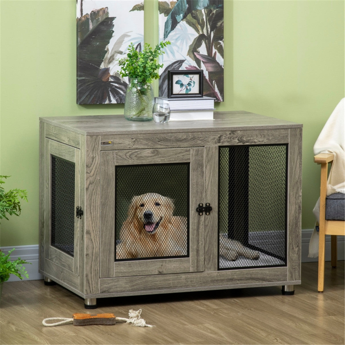 Dog Crate Furniture Side Table with Cushion, Front & Side Doors – For Large Dogs up to 30kg, Grey and Black