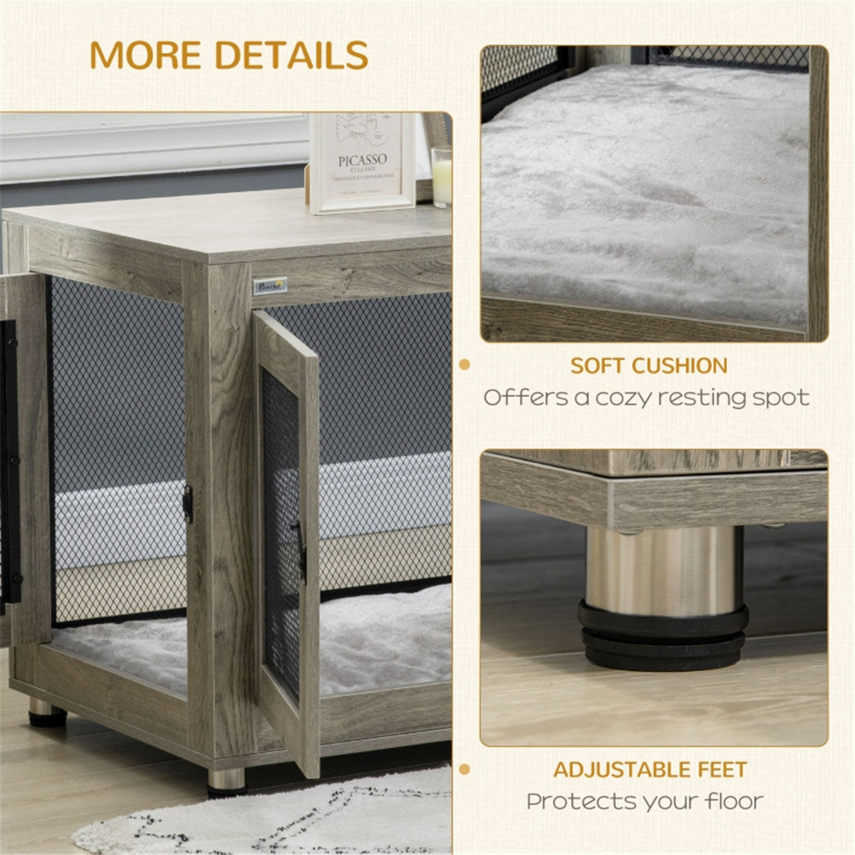 Dog Crate Furniture Side Table with Cushion, Front & Side Doors – For Large Dogs up to 30kg, Grey and Black