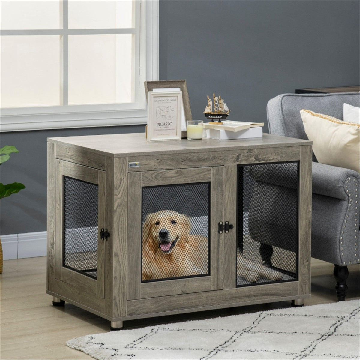 Dog Crate Furniture Side Table with Cushion, Front & Side Doors – For Large Dogs up to 30kg, Grey and Black