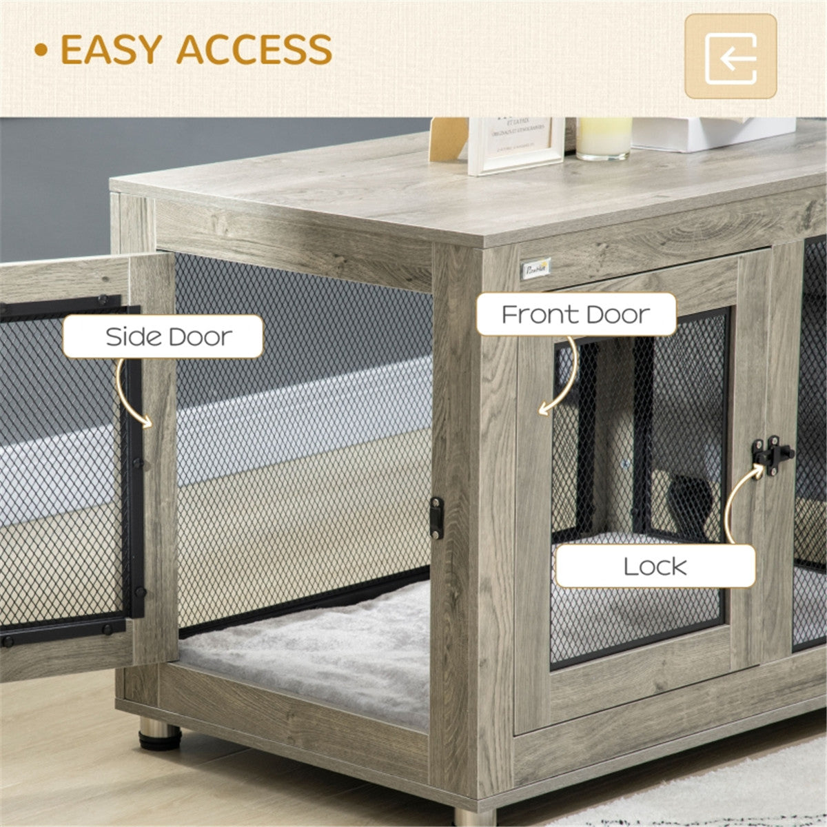 Dog Crate Furniture Side Table with Cushion, Front & Side Doors – For Large Dogs up to 30kg, Grey and Black