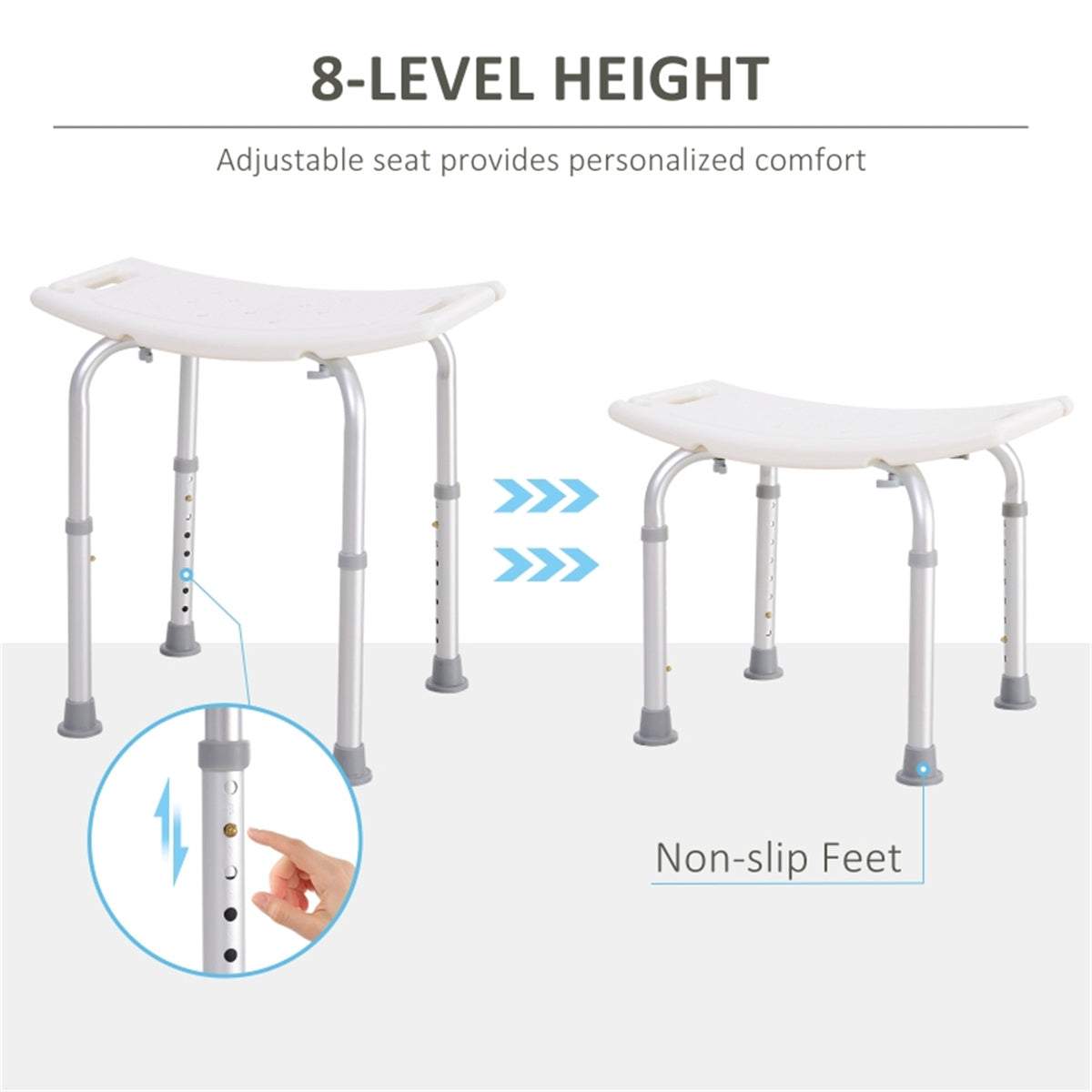 Aluminium Shower Stool with Drainage Holes and Non-Slip Feet, 135kg, Height Adjustable – Bath Seat, White