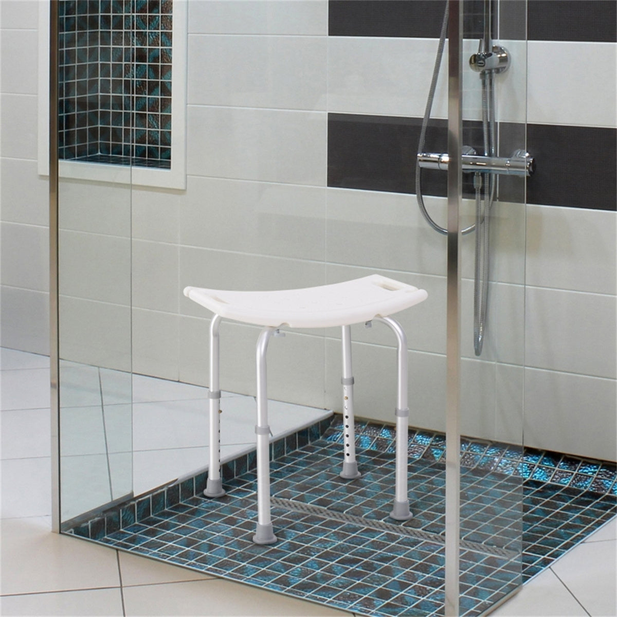 Aluminium Shower Stool with Drainage Holes and Non-Slip Feet, 135kg, Height Adjustable – Bath Seat, White