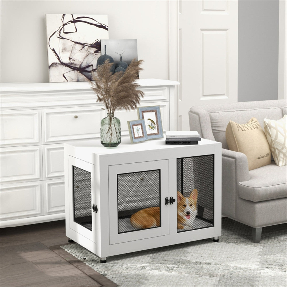 Dog Crate Furniture Side Table with Cushion, Front & Side Doors – For Large Dogs up to 30kg, White and Black