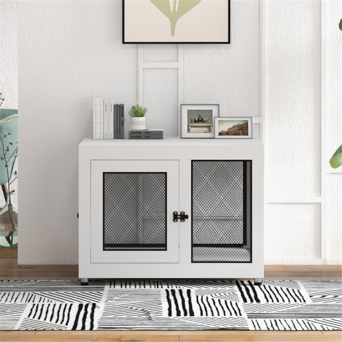Dog Crate Furniture Side Table with Cushion, Front & Side Doors – For Large Dogs up to 30kg, White and Black