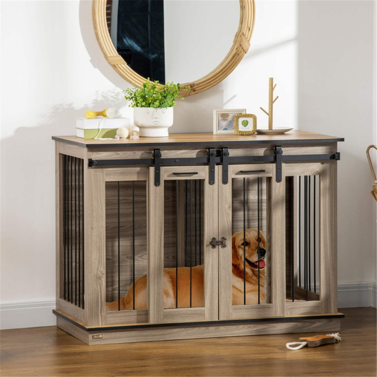 Dog Crate Furniture with Divider & Two Sliding Doors – 120cm Kennel for One Large or Two Small Dogs, Oak Tone