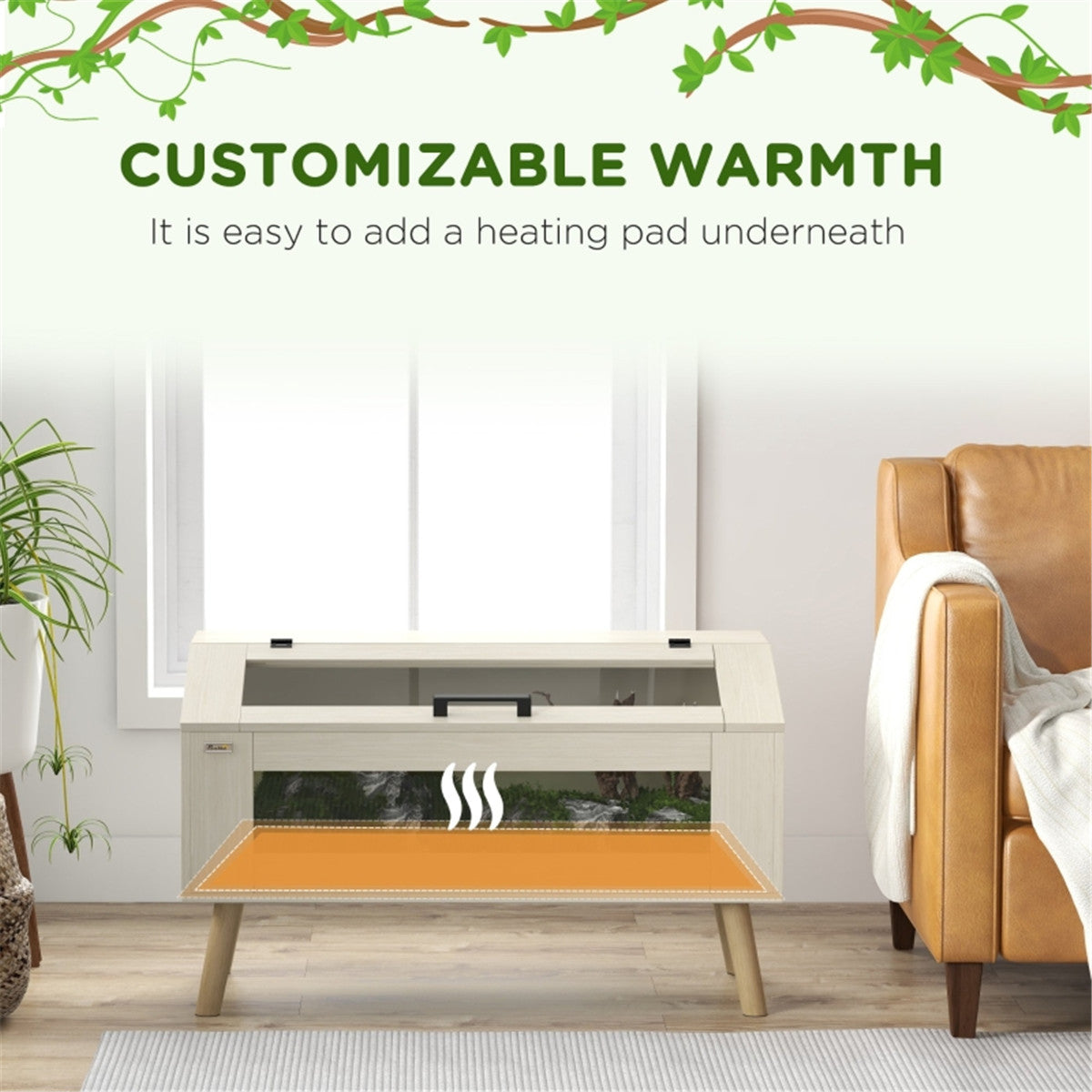 Reptile Vivarium with Glass Windows, Opening Top & 10 Air Vents – 140L Terrarium for Lizards & Snakes, Oak Tone