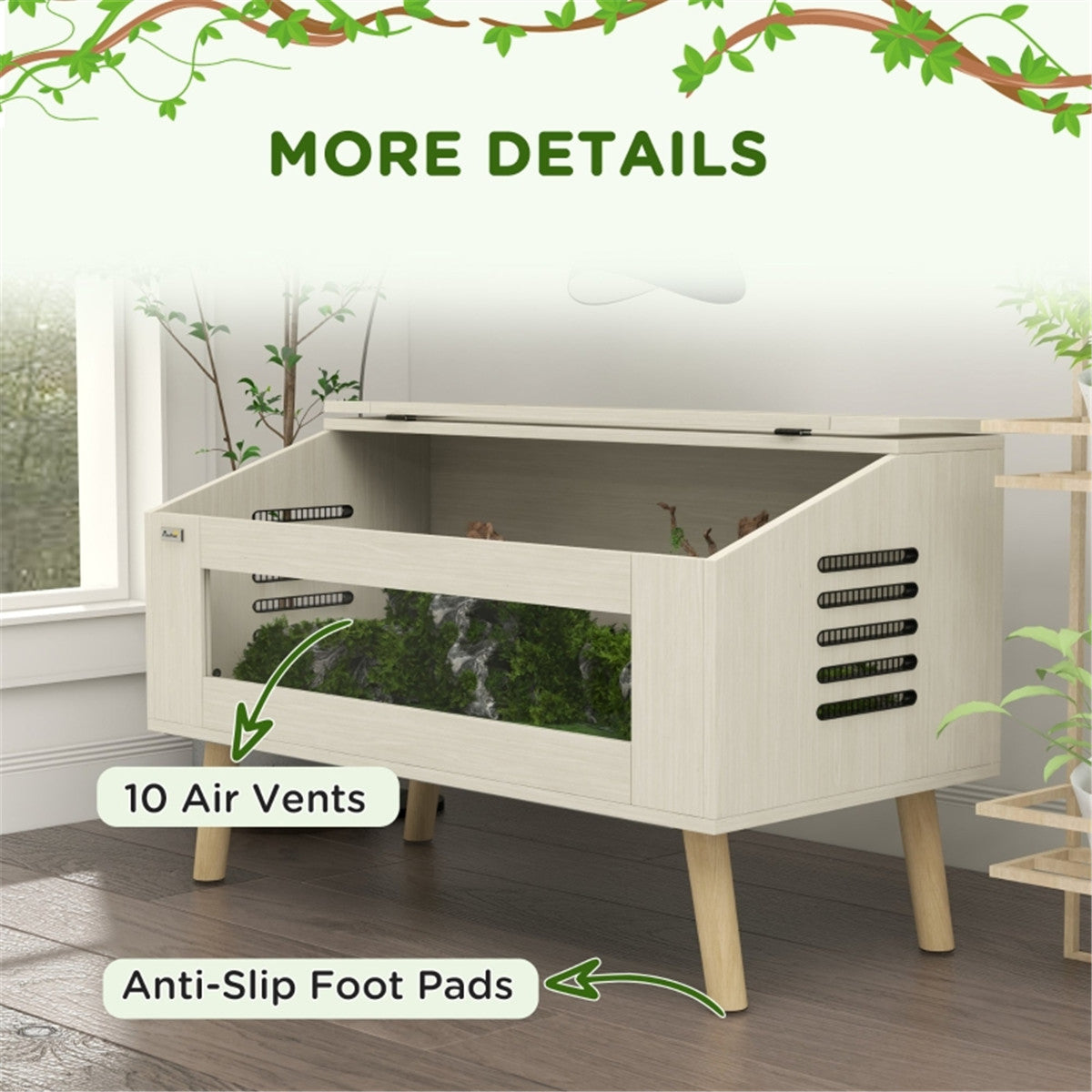 Reptile Vivarium with Glass Windows, Opening Top & 10 Air Vents – 140L Terrarium for Lizards & Snakes, Oak Tone
