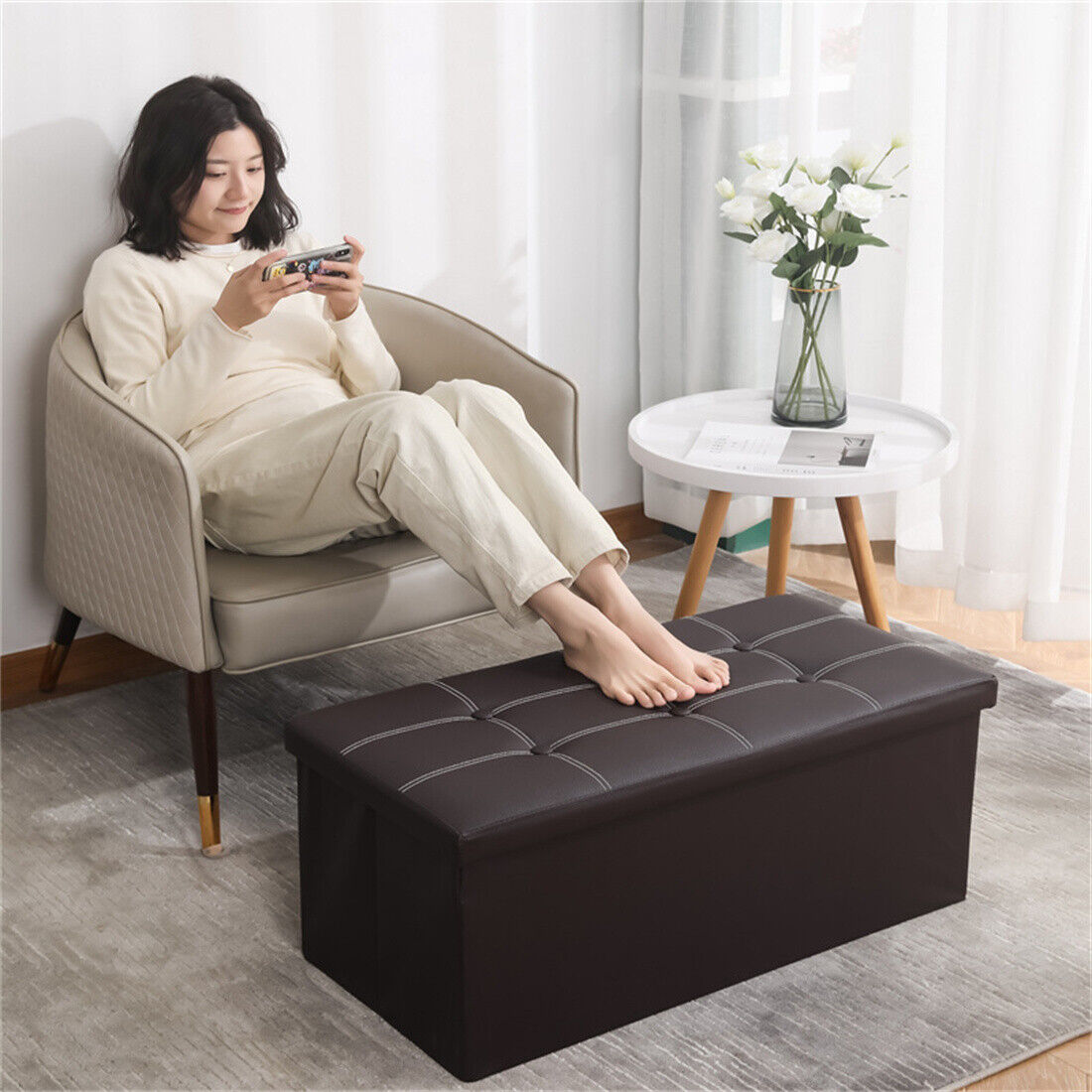 Large Folding Storage Ottoman Bench, 110L – Padded Faux Leather Pouffe, Toy and Blanket Chest, Black