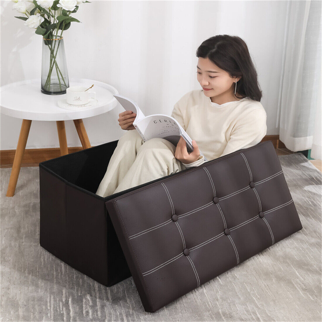 Large Folding Storage Ottoman Bench, 110L – Padded Faux Leather Pouffe, Toy and Blanket Chest, Black